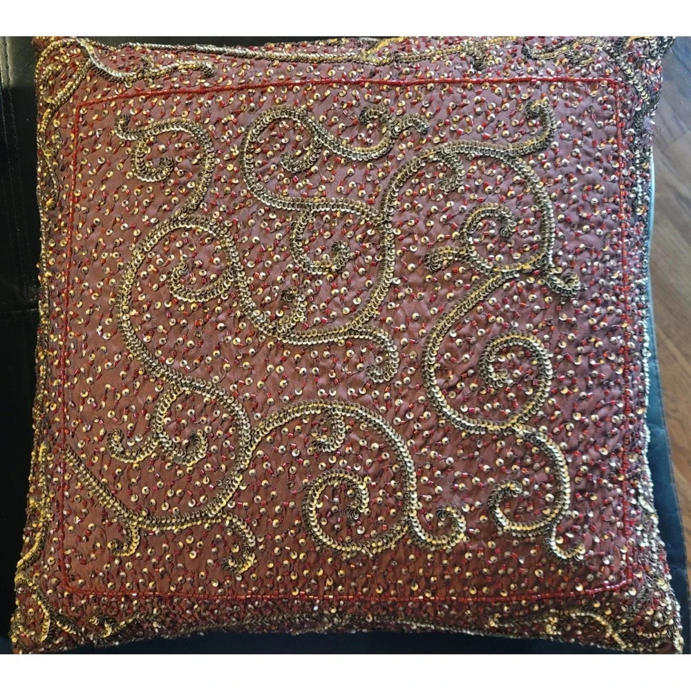 Set of 2 Z Gallerie DUCK & DOWN Beaded Textured Bohemian Square Pillow 16x16 - Picture 3 of 7